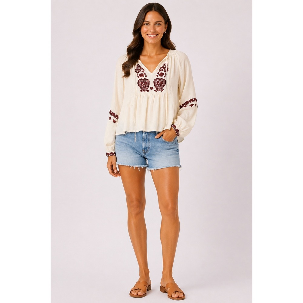 Dear John Embroidered Peasant Top Cream Burgundy Boho Blouse DSH1290CRM Medium
